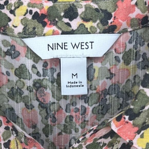 Nine West (M) Floral Button Up Front Tie Collared Short Sleeve Shirt Blouse Top - Picture 5 of 12